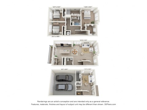 3 bed 2 bath 1,844 Sq. Ft. TH_B_End floor plan_Combined at Enclave Crystal Lake, Illinois, 60014